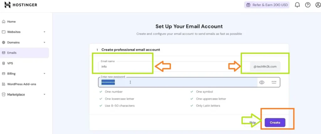 Hostinger email creation form showing fields for email address and password