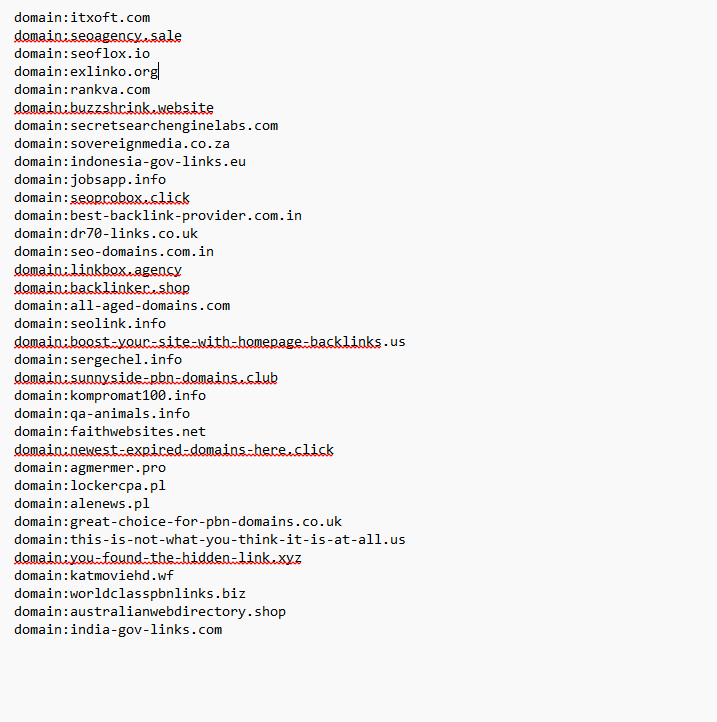 Example of Google disavow file created by TechFin2K showing properly formatted domain and URL entries