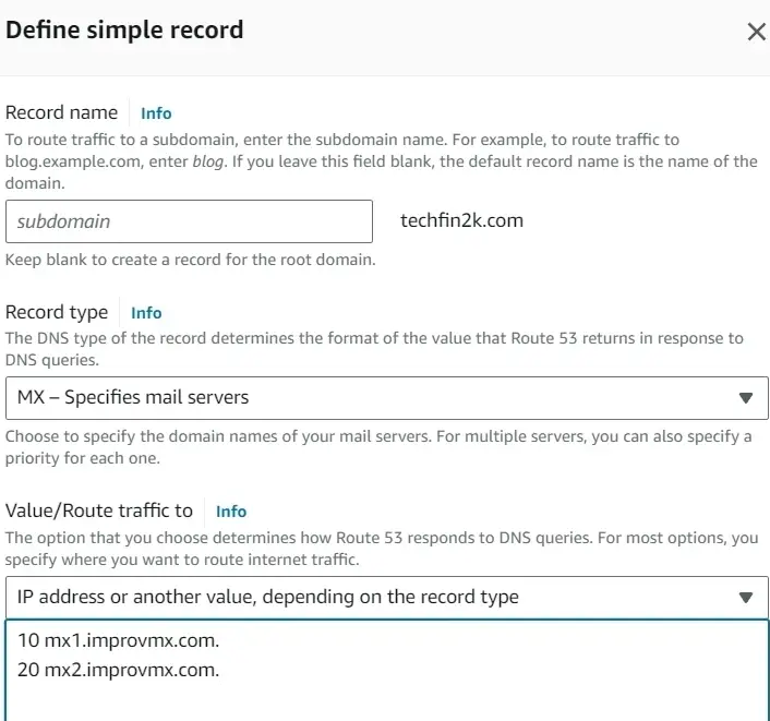 DNS management interface showing MX records configuration for ImproveMX