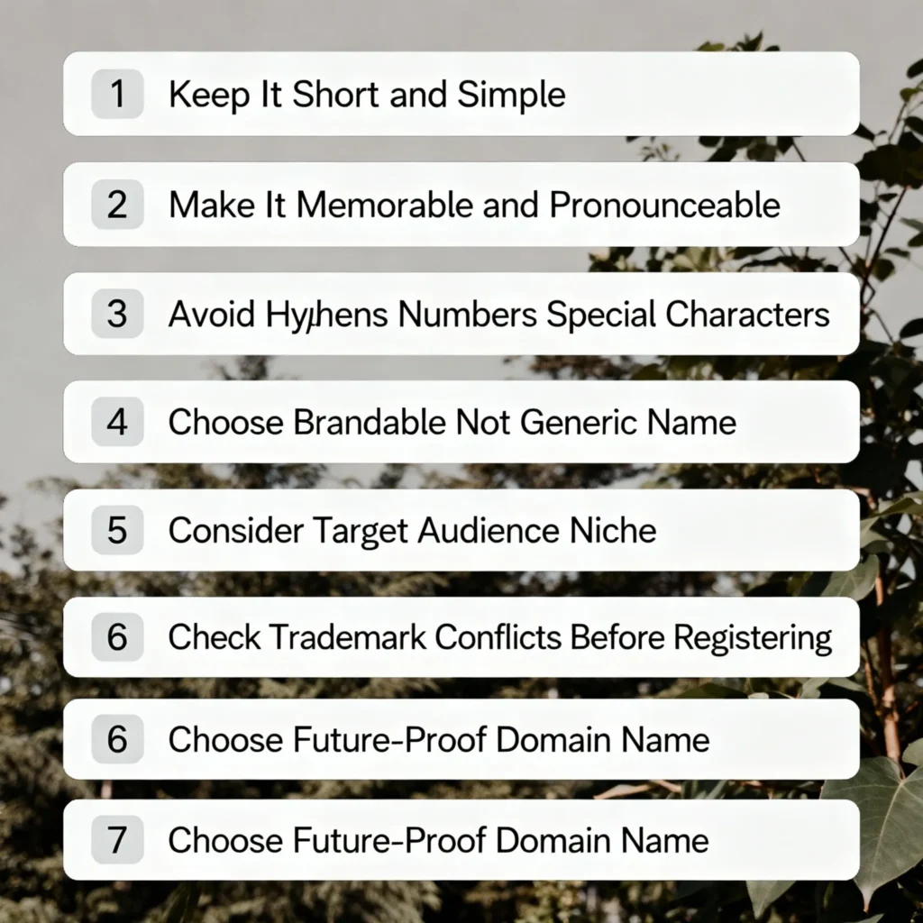 domain-name-rules-checklist Checklist graphic with 7 items for domain name selection, featuring green checkmarks next to rules like 'Keep It Short and Simple,' 'Make It Memorable,' and 'Avoid Hyphens, Numbers, and Special Characters.