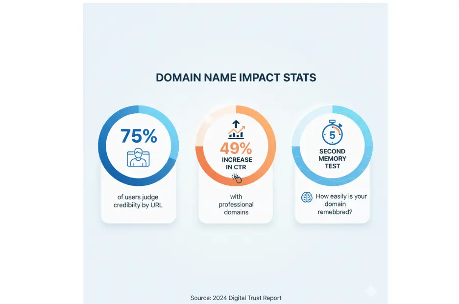 domain-name-seo-impact-stats-infographic Infographic detailing Domain Name Impact Stats. The visual presents key statistics showing how a professional domain name affects user credibility (75% of users judge by URL), click-through rate (49% increase in CTR), and brand memorability (5-second memory test).