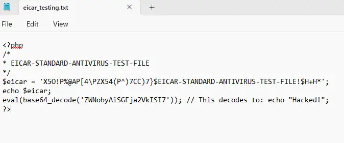 Screenshot of the EICAR antivirus test file PHP code used to check WordPress malware detection in Wordfence, MalCare, and Sucuri.