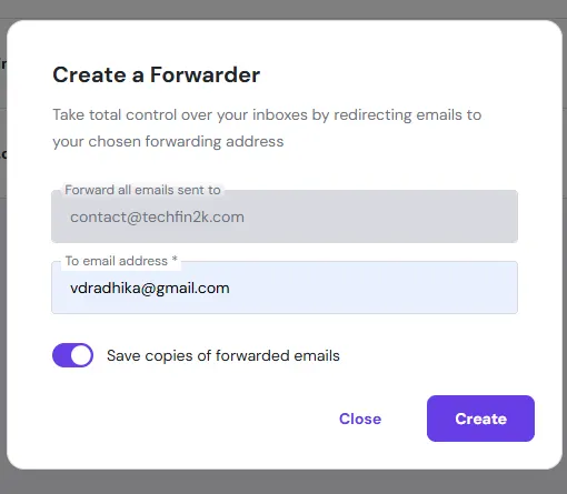 Hostinger email forwarding configuration screen with source and destination fields
