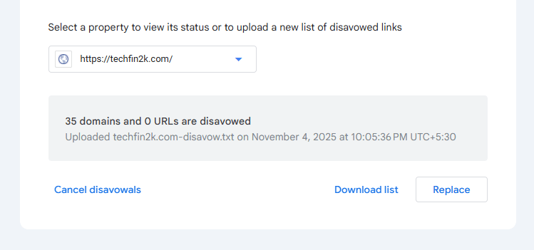 Google Disavow Tool confirmation showing 35 toxic backlinks successfully disavowed for TechFin2K