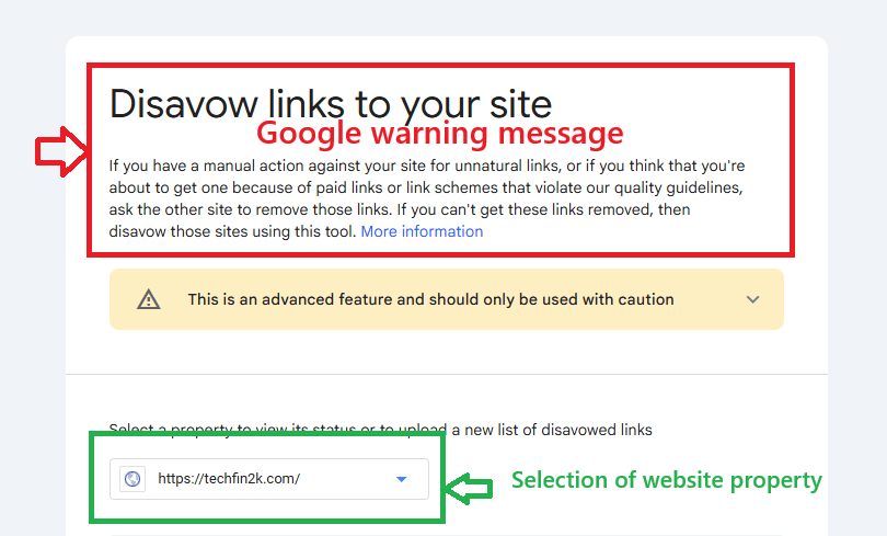 Google Disavow Tool showing property selection for TechFin2K and the warning message to use the tool with caution before uploading disavow file