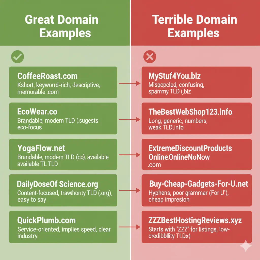 great-vs-terrible-domain-examples Side-by-side comparison of 5 great domain name examples with short, brandable names and 5 terrible domain name examples with confusing, long, or spammy names