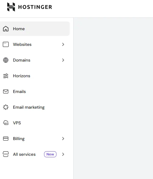 hPanel navigation menu with Websites, Domains, Emails, and Billing sections