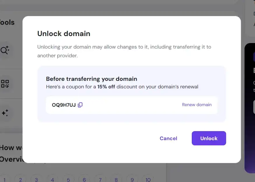 hostinger-15-percent-coupon-code Hostinger displaying 15% discount coupon code after disabling domain lock