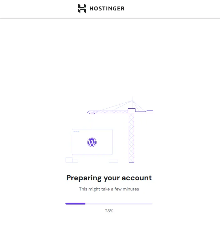 Hostinger WordPress auto-installer showing one-click installation process