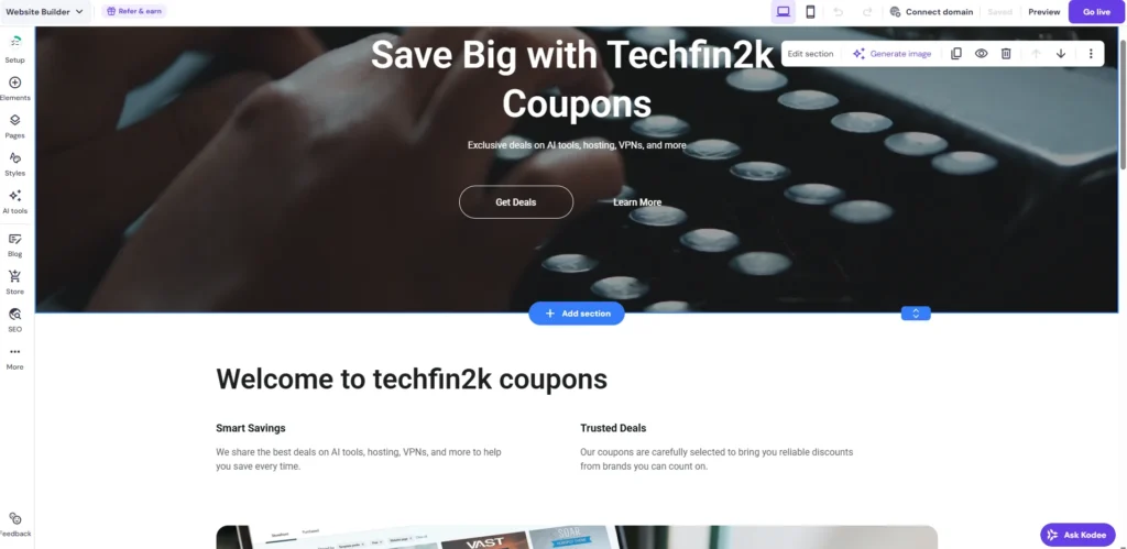 Hostinger AI Website Builder creating a website from a text prompt