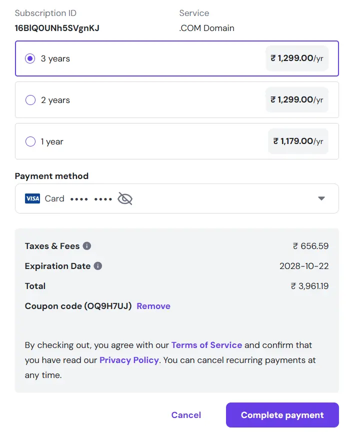 hostinger-coupon-code-checkout Hostinger checkout page with coupon code field and price reduction applied