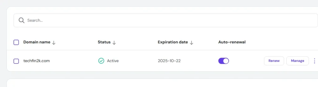 hostinger-domain-renewal-dashboard Hostinger domain management dashboard showing renewal option
