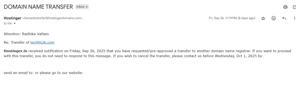 hostinger-domain-transfer-out-authorization-notice-email Screenshot of the transfer authorization email from Hostinger.in notifying the user that a transfer request was received and detailing the deadline to cancel the domain transfer