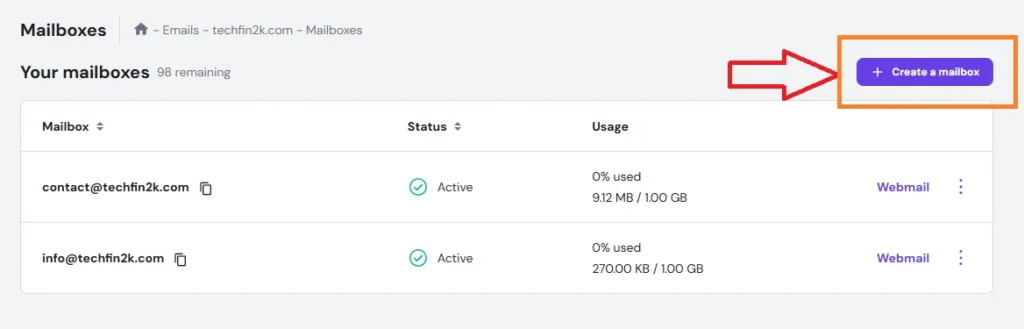 Hostinger email management dashboard showing business email accounts