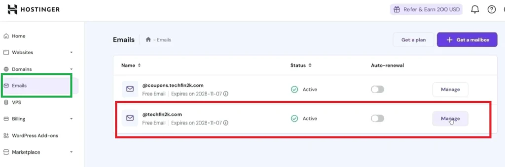 Screenshot of Hostinger hPanel dashboard showing the Emails section highlighted