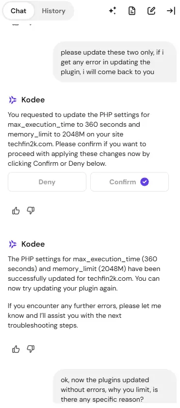 Kodee AI assistant in hPanel resolving WordPress plugin update error
