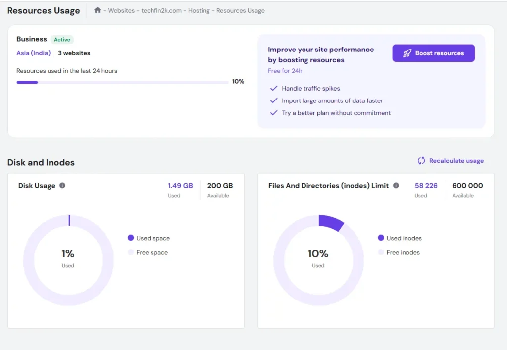 Hostinger hPanel resource usage dashboard showing disk space and inode consumption