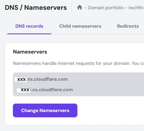 hostinger-update-nameservers Screenshot of the Hostinger domain management interface, showing where to replace the default nameservers with the new ones provided by Cloudflare