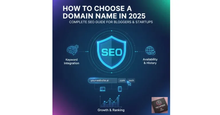 A futuristic, digital-themed image of a search bar displaying the text 'your-perfect-domain' with binary code and network lines running through a glowing blue globe, symbolizing the process of choosing a domain name.