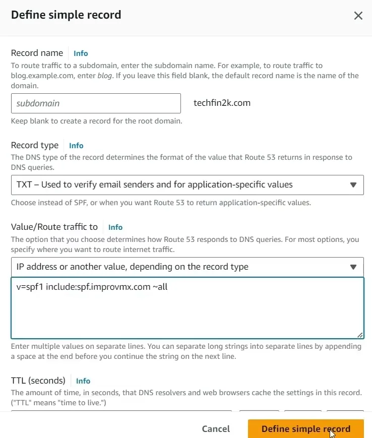 DNS TXT record configuration showing SPF record for ImproveMX email authentication
