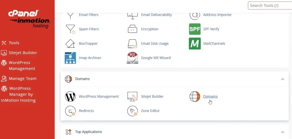 "InMotion cPanel showing Domains section for creating sub-domains