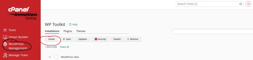 cPanel dashboard in InMotion Hosting showing WordPress install option