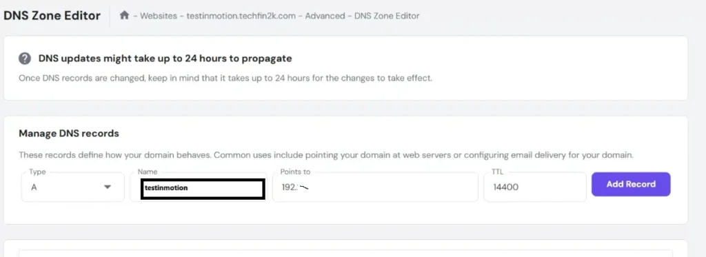 inmotion-dns-a-record-ip DNS Zone Editor showing A record with InMotion Hosting IP address