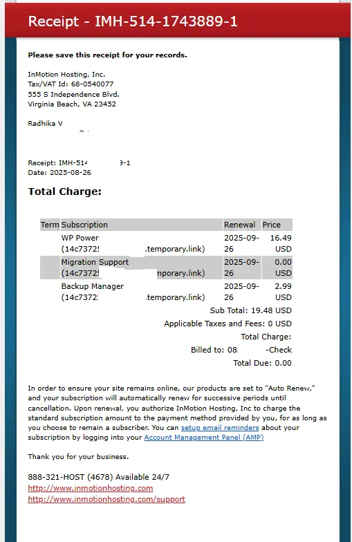 Screenshot of the free InMotion Hosting WP Power plan provided for testing, showing plan details and total charge