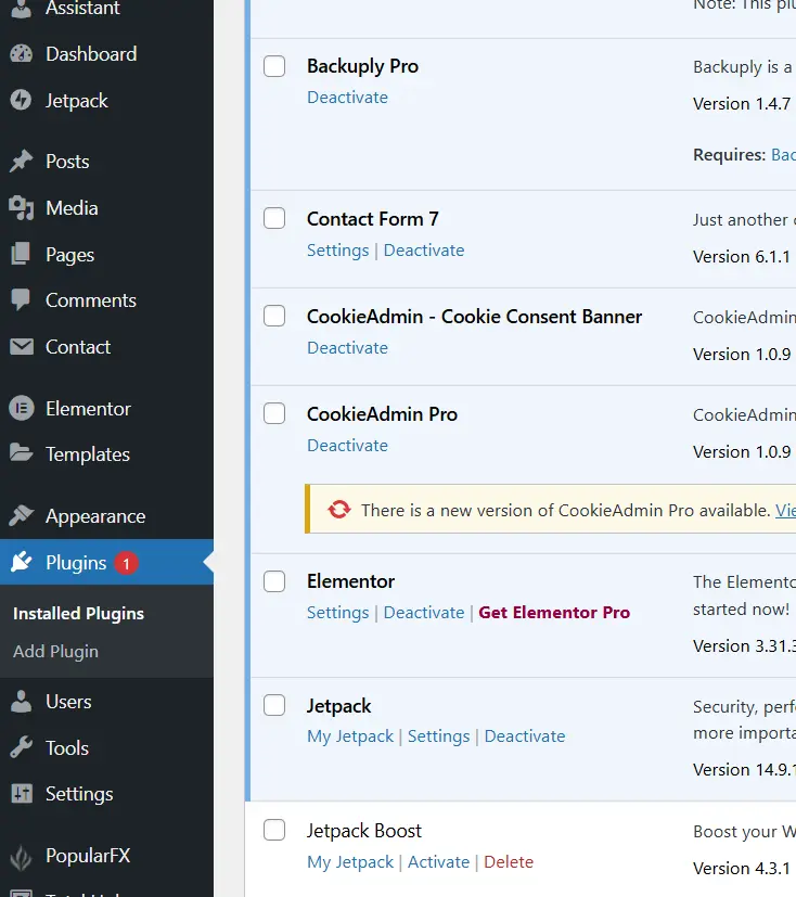 Screenshot showing all essential plugins installed on WordPress site hosted on InMotion Hosting including Elementor, Yoast SEO, Contact Form 7, CookieAdmin, and Jetpack