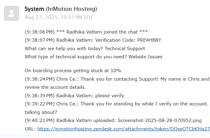 Live chat screenshots with InMotion support demonstrating assistance on WordPress speed issues, sub-domain DNS setup, Cloudflare configuration, and WordPress theme onboarding with PHP resource adjustments