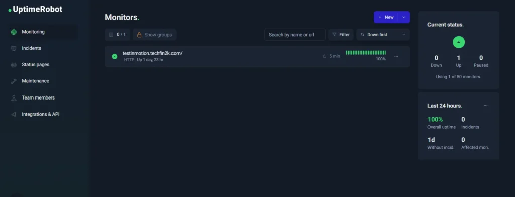 inmotion-uptime-monitor UptimeRobot dashboard showing 100% uptime for InMotion-hosted WordPress site with no downtime or incidents in the last 24 hours