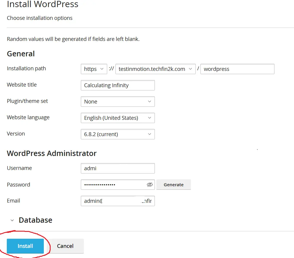 inmotion-wordpress-installation-settings WordPress installation settings in InMotion Hosting cPanel including site title and admin details