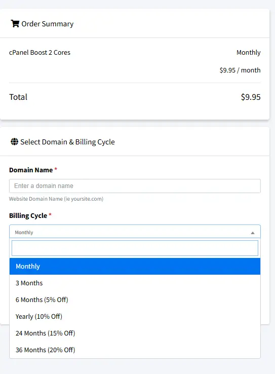 InterServer Boost and Core hosting plans showing commitment based discounts from 5% to 20% off