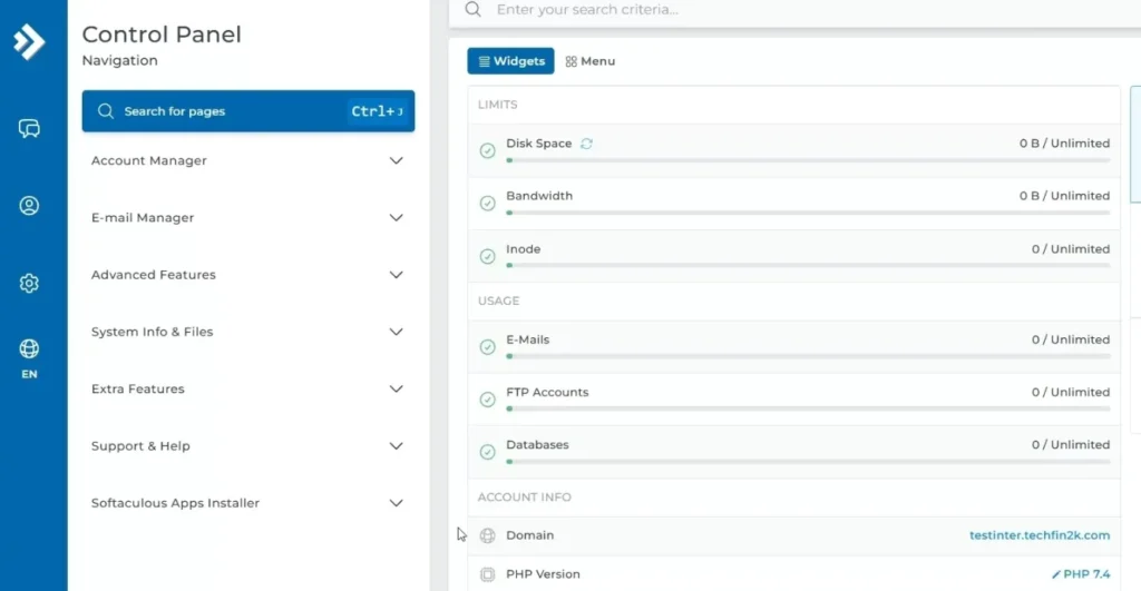 InterServer cPanel dashboard showing hosting management options