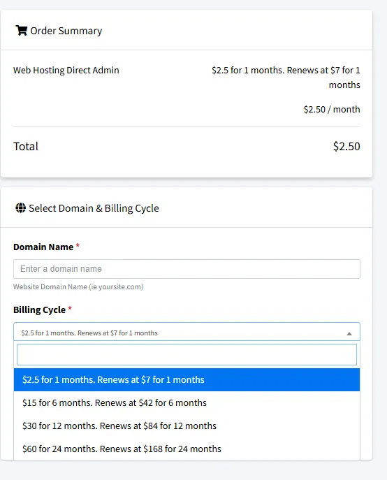 InterServer cPanel hosting pricing showing 1 year and 2 year plans at $2.50 per month with $7 renewal price