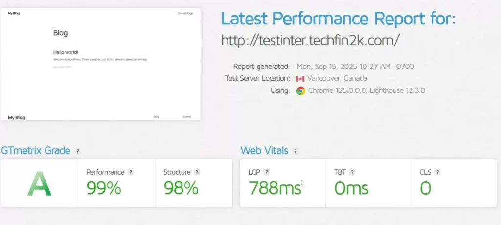 InterServer blank site GTmetrix performance test results with load time and performance grade