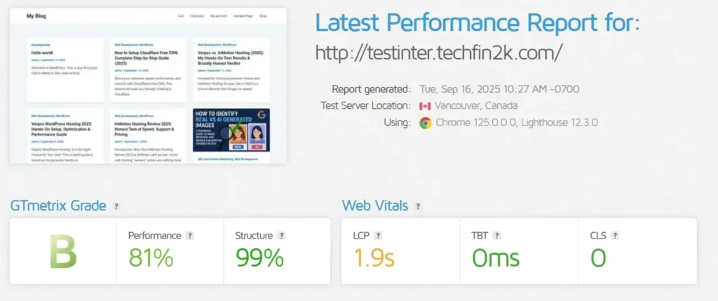 InterServer GTmetrix performance test with WordPress plugins and content