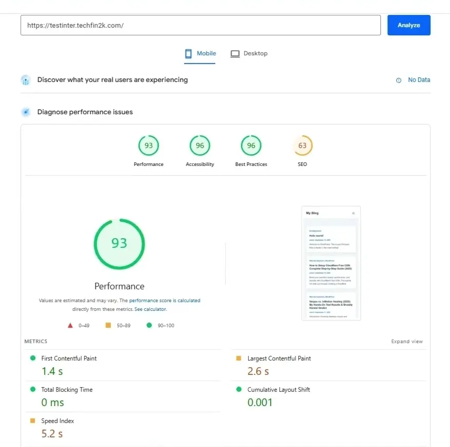 InterServer WordPress mobile performance with plugins and content loaded