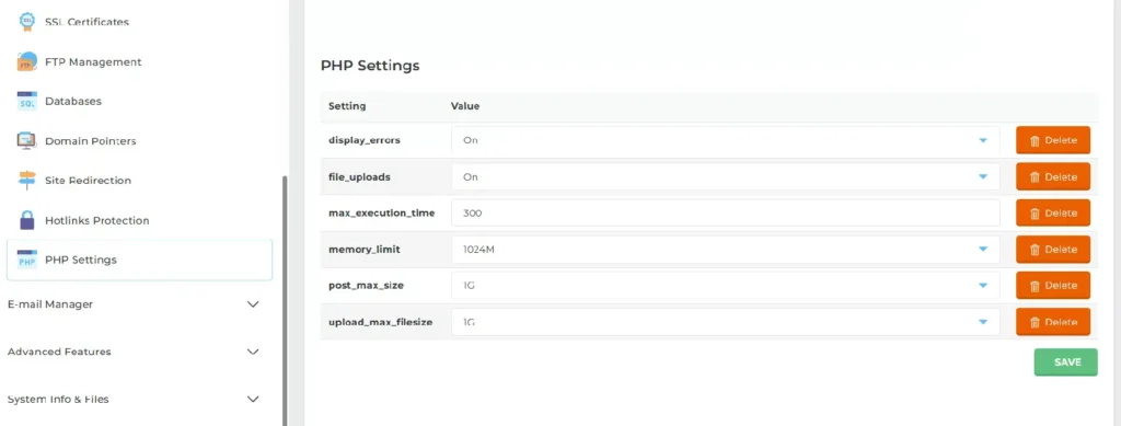 InterServer control panel showing increased PHP limits