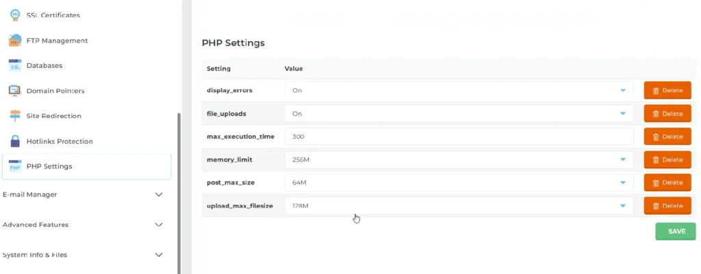 InterServer PHP settings showing default limits before customization