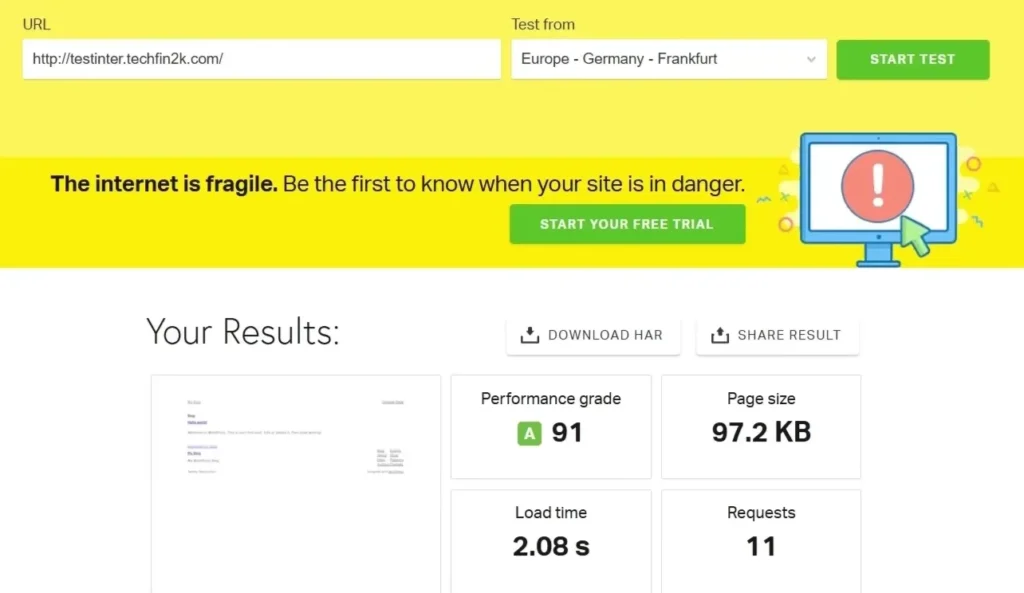 InterServer Pingdom speed test results showing load time and performance grade