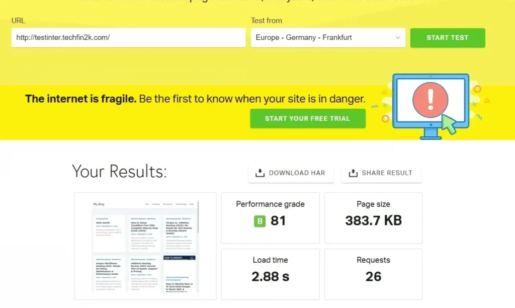 InterServer Pingdom speed test results with WordPress plugins and real content