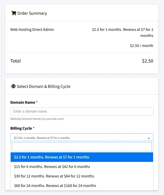 interserver-real-pricing-2025-renewal-costs Screenshot showing InterServer hosting pricing for 2025, $2.50 for first billing term and renewal locked at $7 per month across all plans.