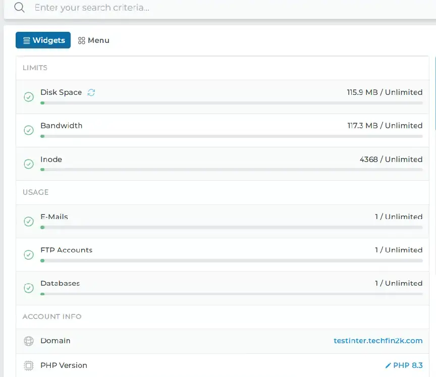 InterServer shared hosting resource limits showing unlimited bandwidth, inodes, emails, and databases