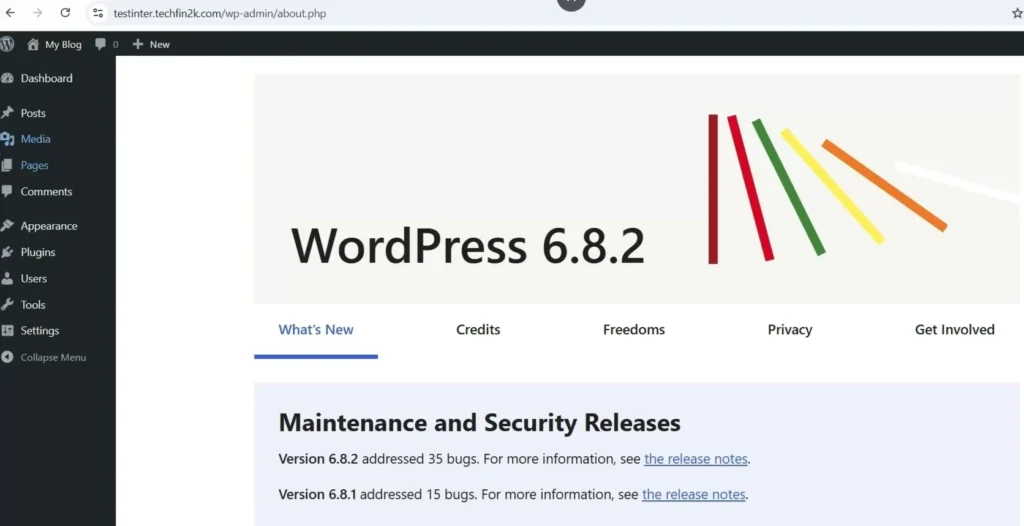 Fresh WordPress dashboard after InterServer installation