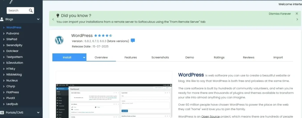 InterServer Softaculous WordPress auto-installer interface
