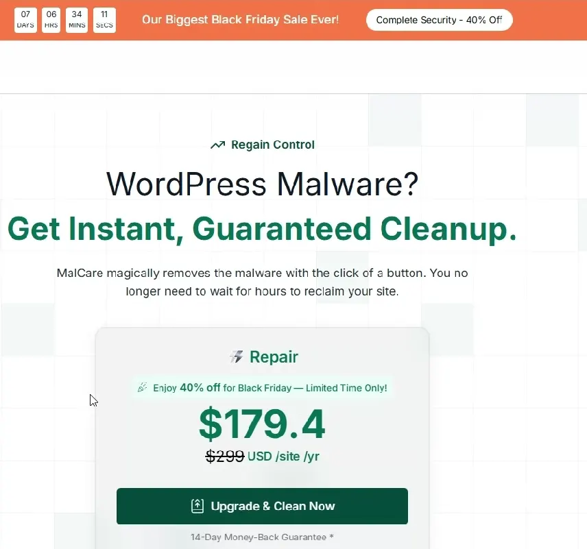 MalCare Clean Now button showing upgrade requirement with $176.40 per year pricing for malware removal.