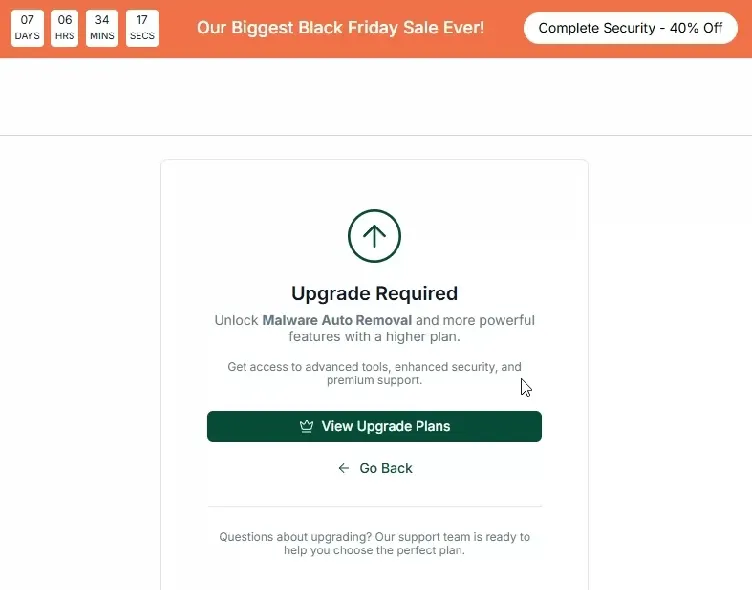 MalCare Review Malware button prompting for an upgrade to view or remove malware details.