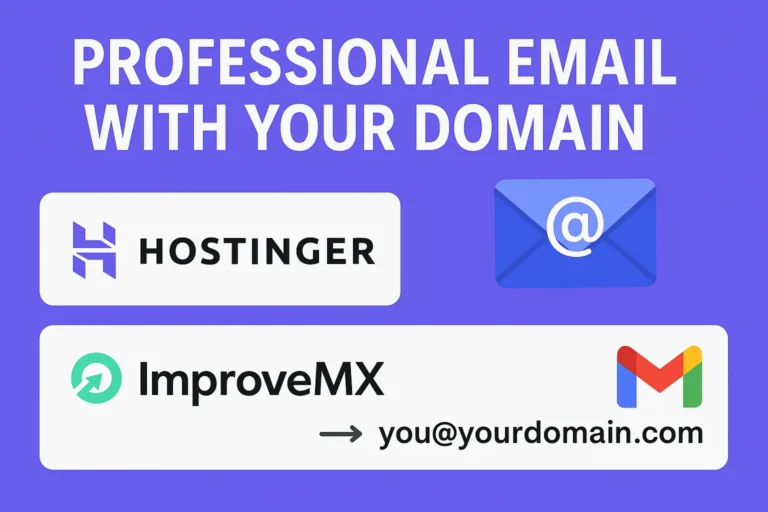 Professional email setup with your domain using Hostinger and ImproveMX, showing Gmail integration and mailbox icons