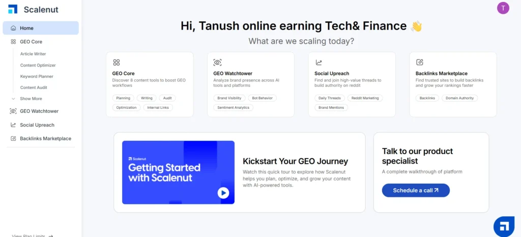 scalenut-geo-watchtower-dashboard Scalenut GEO Watchtower dashboard showing metrics for brand visibility across AI engines like ChatGPT, Claude, and Google AI Overviews
